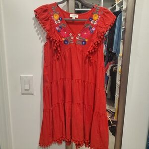 Umgee Red Embroidered Mini Dress, Size Small